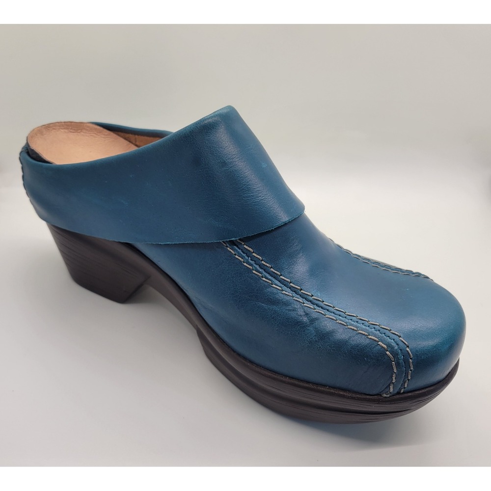 Sanita Teal Blue Leather Mule Clogs Women EU 37 US 6.5-7 Comfort Button 70s 90s - Picture 10 of 16